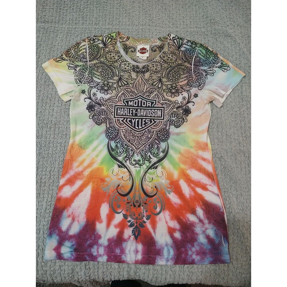 Harley Davidson Multicolored Rhinestone tie Dye Tshirt Medium Motorcycle